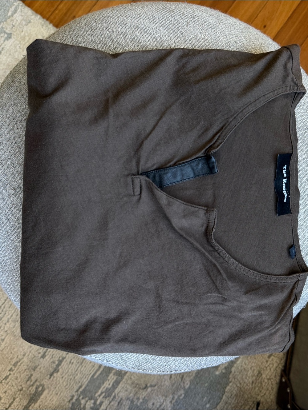 The Kooples Dark Brown V-Neck Tee with Leather Trim